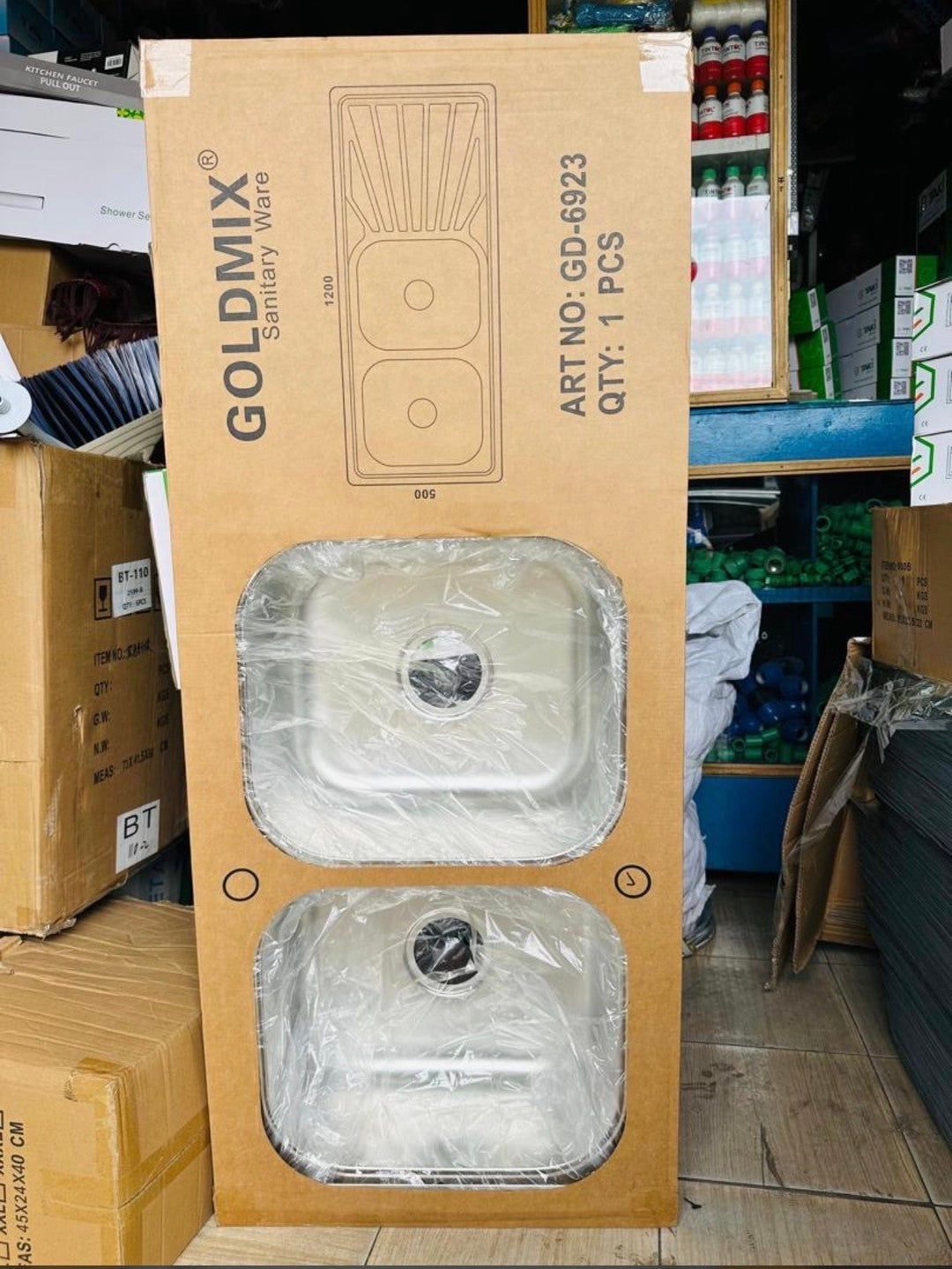 Évier inox GOLDMIX GD-6923, 2 bacs avec égouttoir, 1200 x 500 mm, en boîte